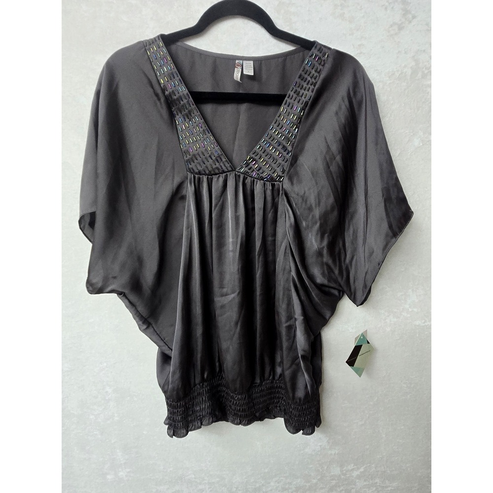 Vintage 6 Degrees Gray Satin Beaded Batwing Blouse L Y2K Indie Sleaze NWT